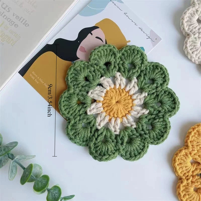 Crochet Flower Drink Coaster Set of 3 for Coffee Tables Soft Floral Kitchen Decor and Gifts