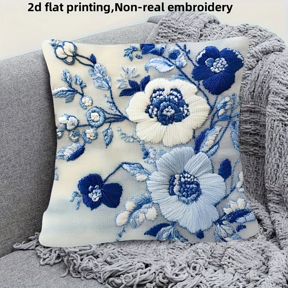 Botanical Stitch-Effect Printed Pillow Cover