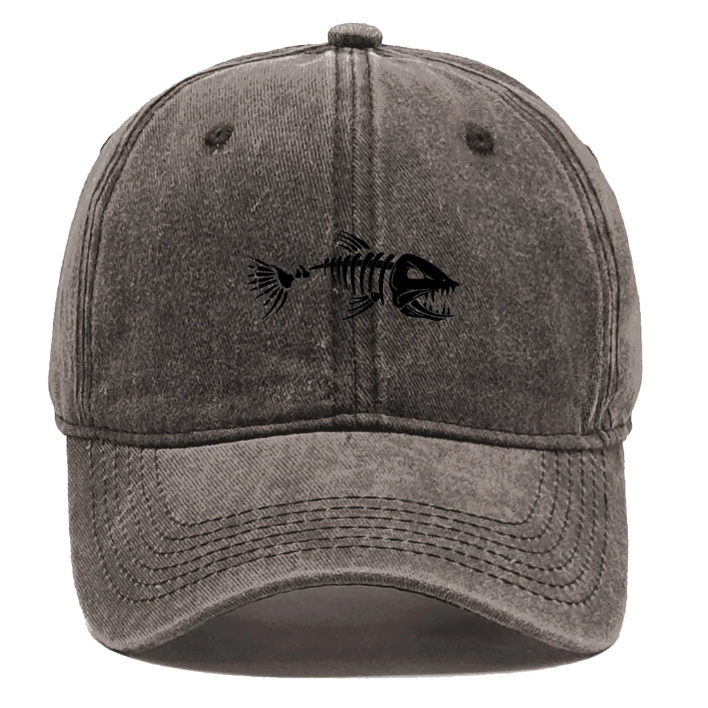 Vintage Washed Fish Skeleton Baseball Cap | Distressed Unisex Snapback Trucker Hat