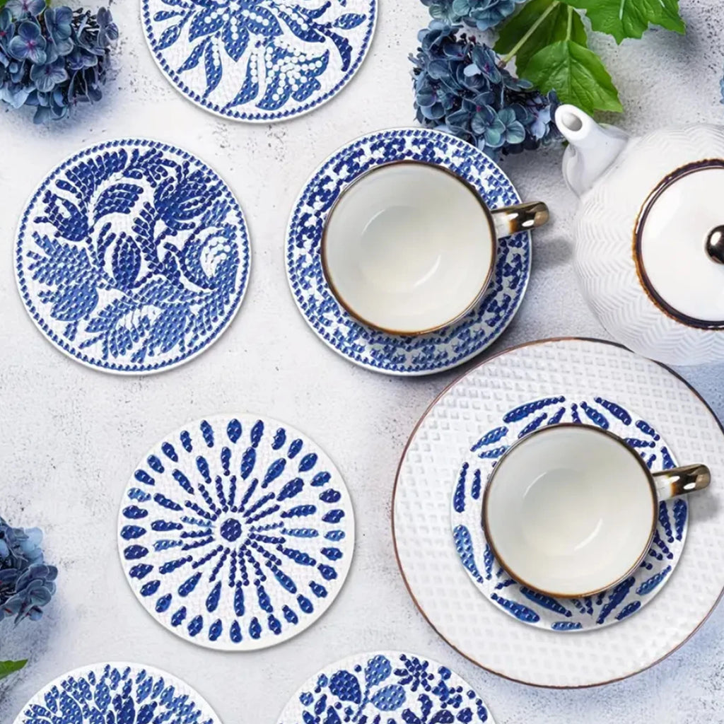 Blue and White Porcelain Diamond Painting Drink Coaster Set with Holder for DIY Craft Lovers