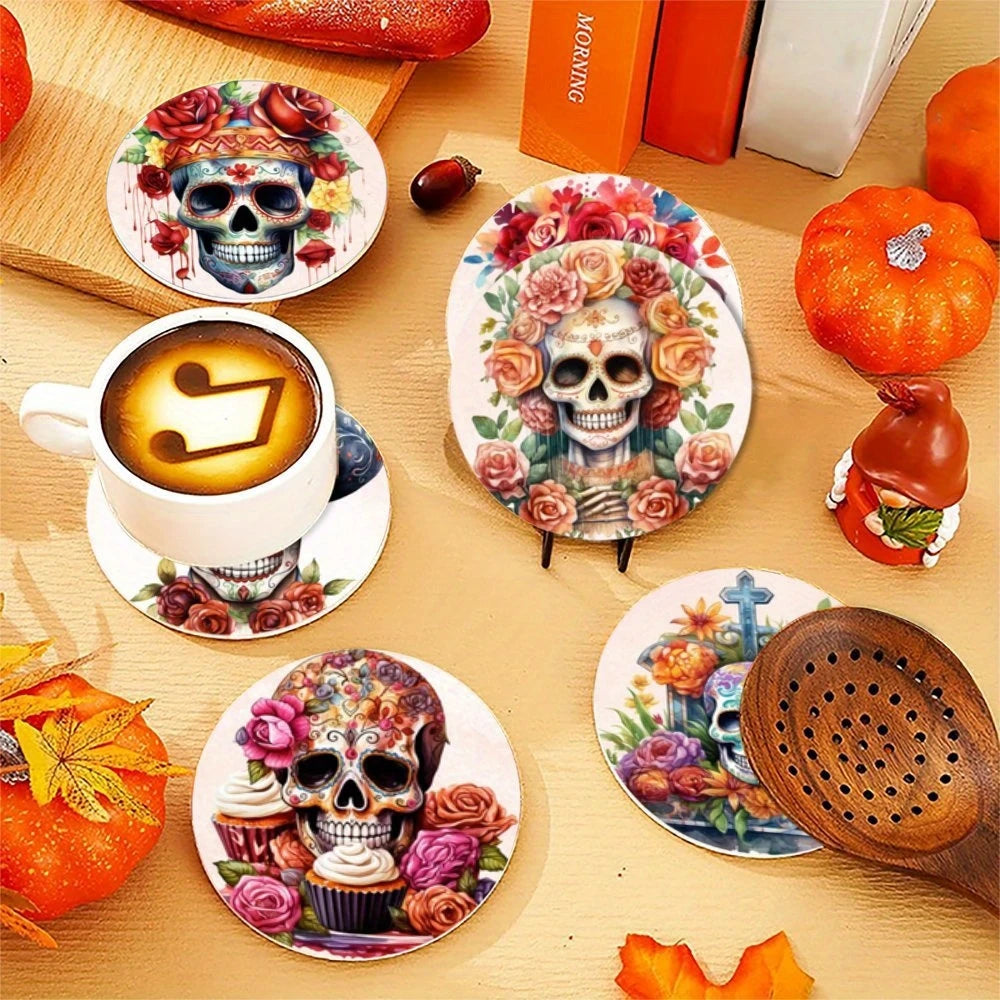 Floral Skull Wooden Drink Coasters, Set of 6 Printed 10 cm Cup Mats for Halloween Tables, Coffee Corners and Themed Gatherings
