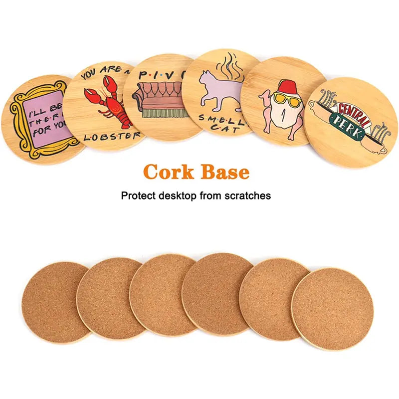 Playful Cat and Lobster Wooden Coaster Set of 6 with Holder, 4 Inch Cork Backed Drink Mats for Coffee Tables and Gift Giving