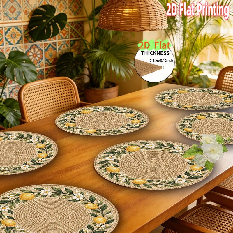 Lemon and Floral Rattan-Look Wooden Table Mats Set of 4, Flat Printed Placemats for Cheerful Dining and Summer Hosting