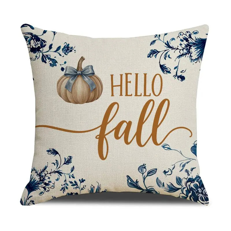 Blue Harvest Pumpkin & Bow Pillow Cover