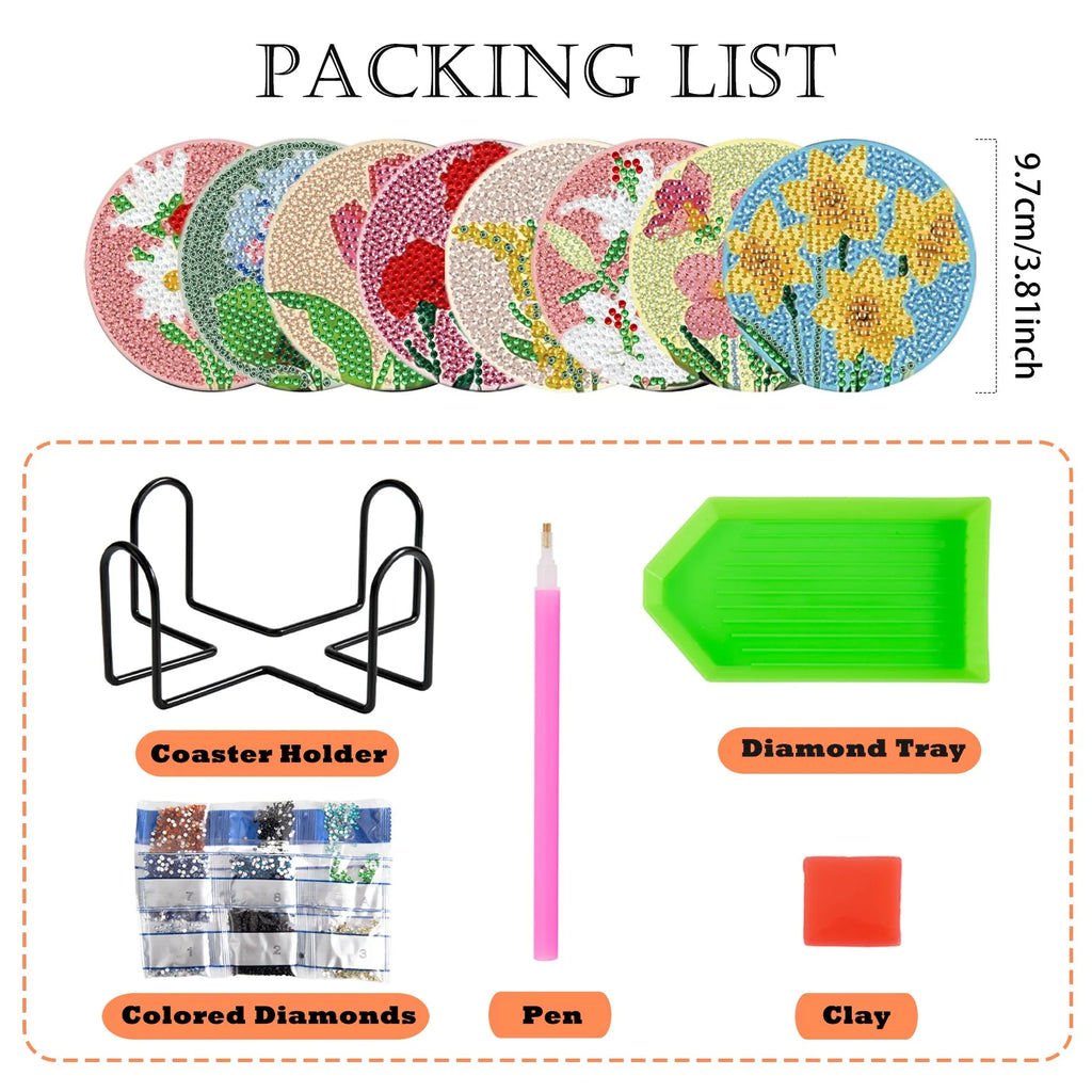 Floral DIY Diamond Painting Coaster Kit with Holder | Set of 8 Sparkling Mosaic Drink Coasters for Craft Lovers
