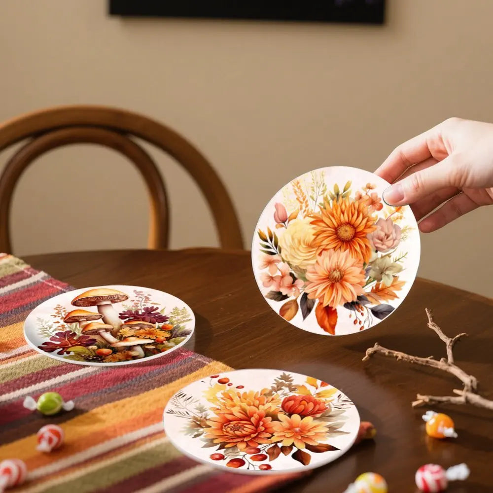 Autumn Pumpkin Leaf Wooden Coaster Set of 6, 10 cm Printed Fall Drink Mats for Coffee Tables, Tea Cups and Seasonal Decor