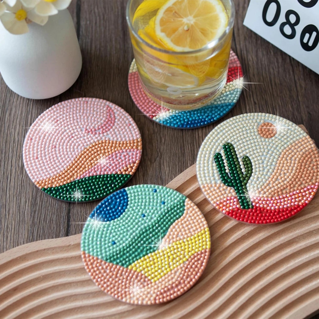 Desert Starry Sky Diamond Painting Drink Coaster Set with Holder for Creative Table Decor