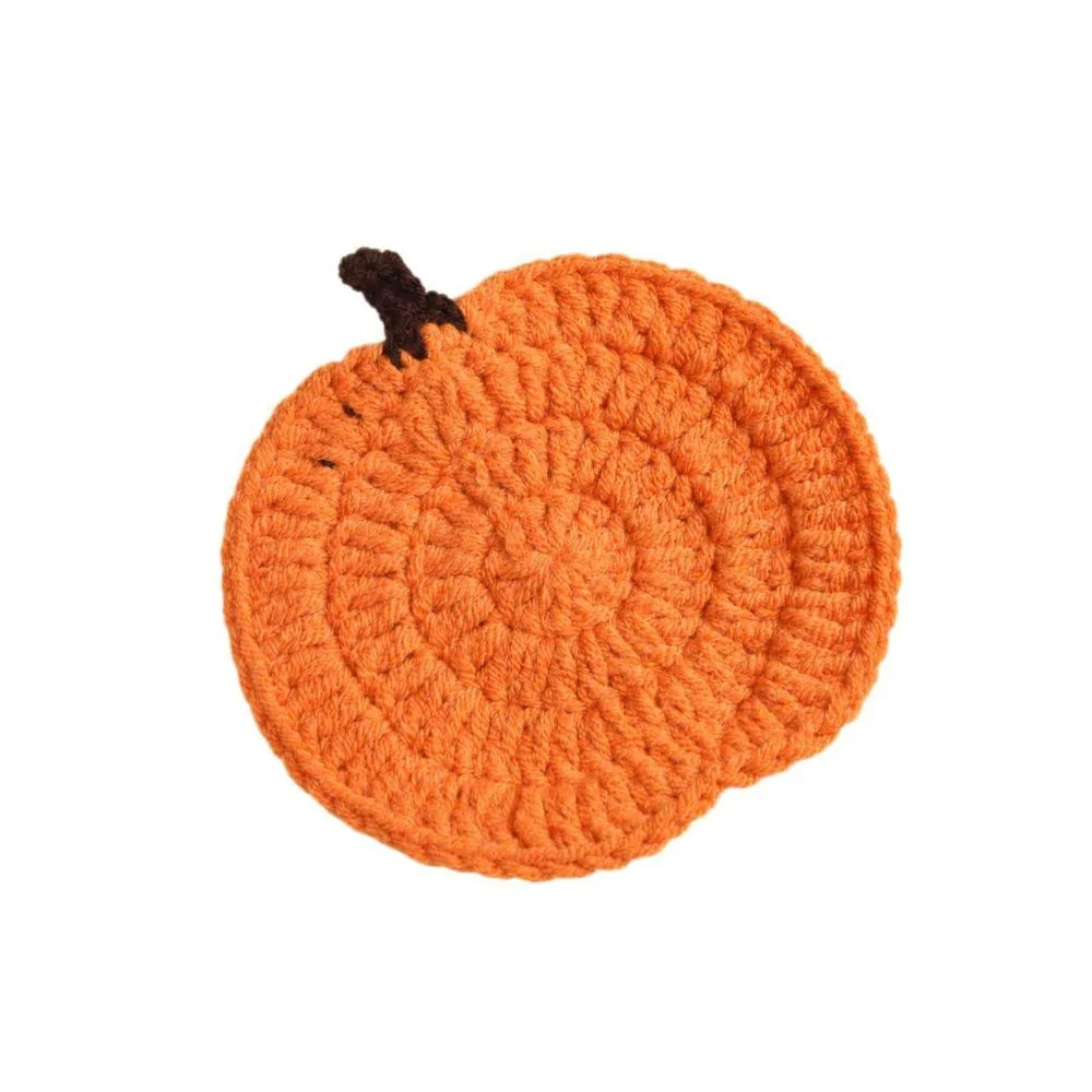 Crocheted Pumpkin Drink Coasters, Set of 6 Yarn Cup Mats in Autumn Colorways for Coffee Tables and Halloween Gatherings