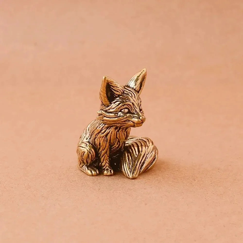 Mini Fox Desk Figurine, Brass-Tone Animal Sculpture in Sitting or Standing Style for Bookshelves, Office Desks and Thoughtful Gifts