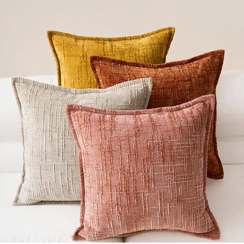 Woven Thick Solid Cushion Cover, Chenille, Ivory, Camel, Pink, Burnt Orange, Mustard Yellow, 45x45cm, 50x50cm, Home Sofa Decor