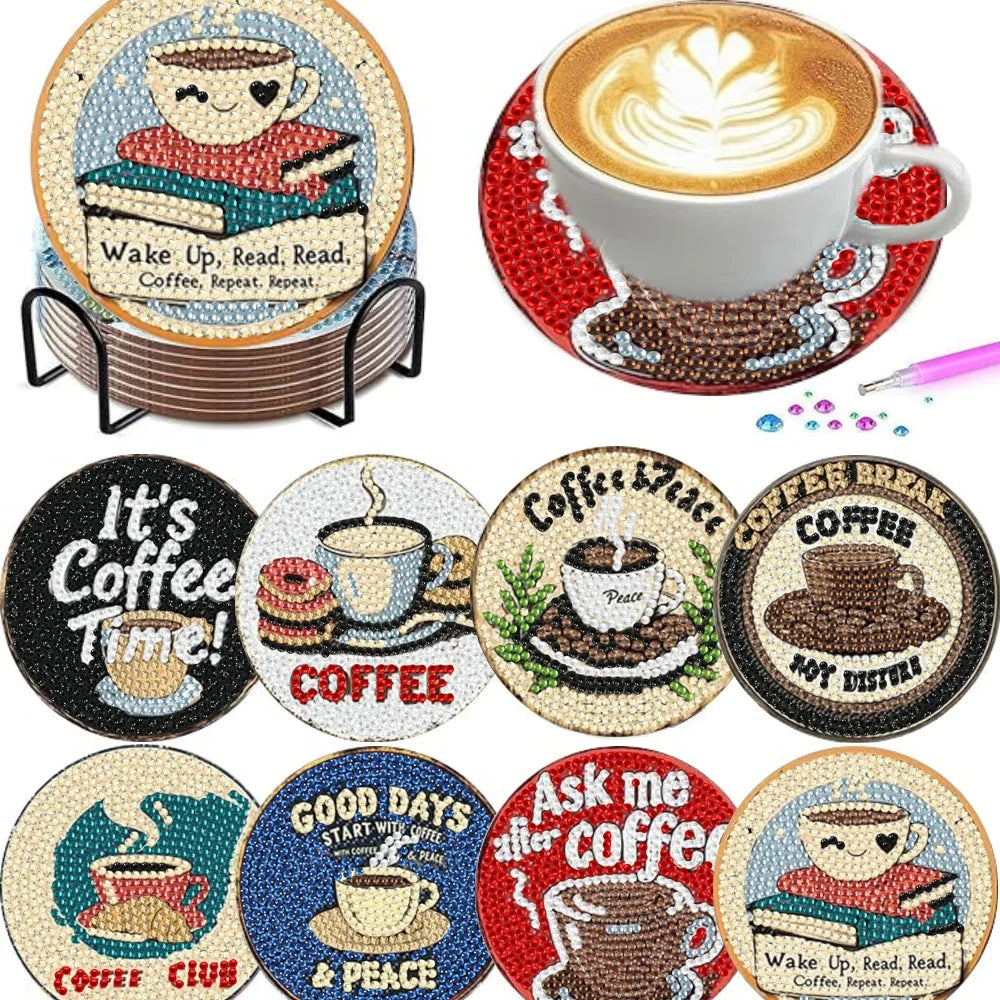 Coffee Pattern Diamond Painting Coaster DIY Kit of 8 with Holder, 9.7 cm Creative Drink Mats for Coffee Lovers and Craft Gifts