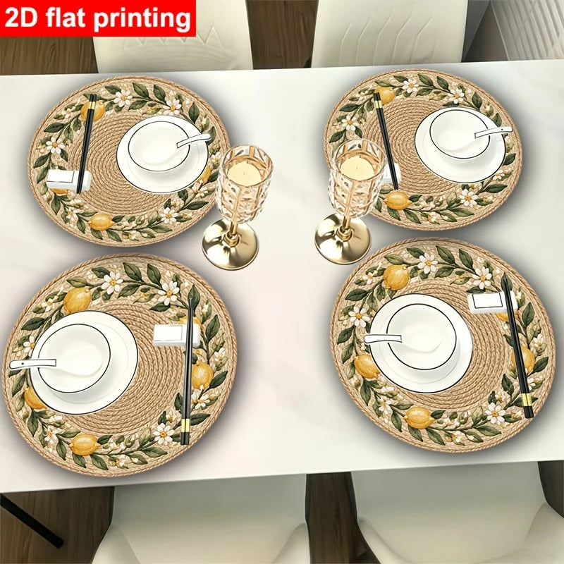 Lemon Blossom Round Table Mat Set of 4, 38 cm Printed Polyester Placemats with Faux Rattan Look for Dining Tables