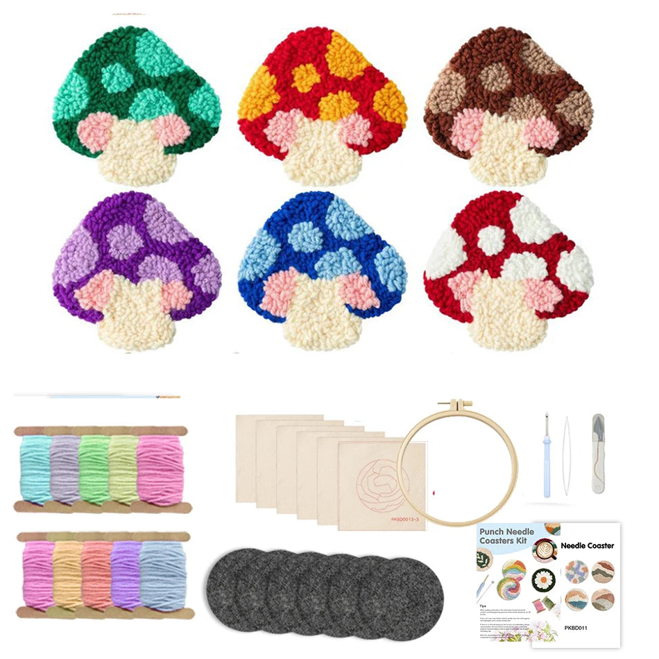 Mushroom Punch Needle Coaster Craft Kit for Beginners Handmade Tufted Mug Rugs and Cottage Decor