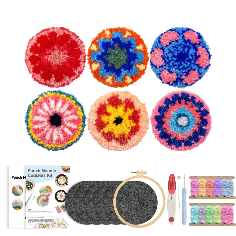 Flower Pattern Punch Needle Coaster Craft Kit for Beginners Tufted Mug Rugs and Creative Gifts