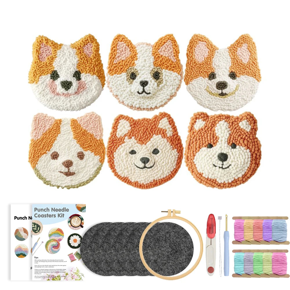 Cute Dog Punch Needle Coaster Craft Kit for Beginners Handmade Animal Mug Rugs and Gifts