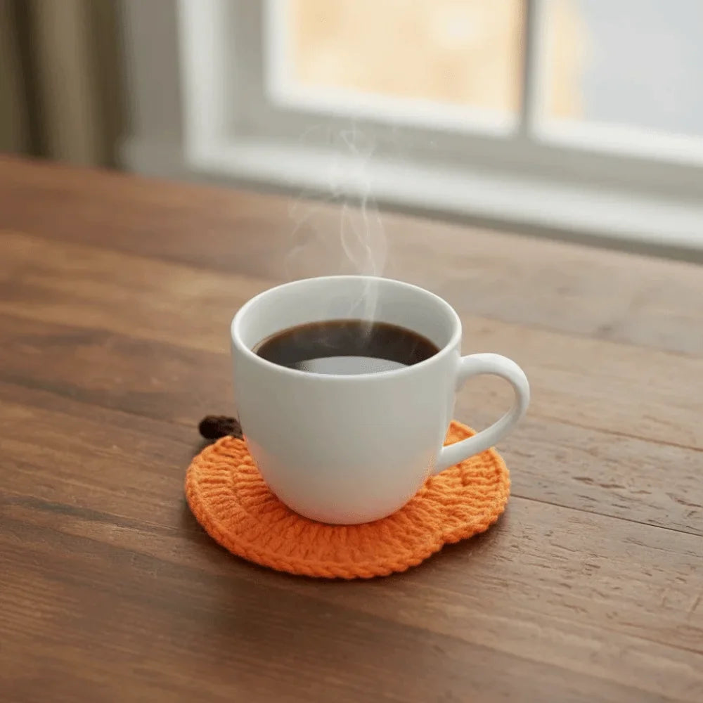 Crocheted Pumpkin Drink Coasters, Set of 6 Yarn Cup Mats in Autumn Colorways for Coffee Tables and Halloween Gatherings
