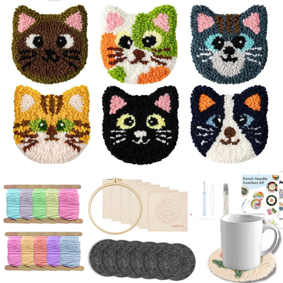 Cat Punch Needle Coaster Craft Kit for Beginners Handmade Animal Mug Rugs and Creative Gifts