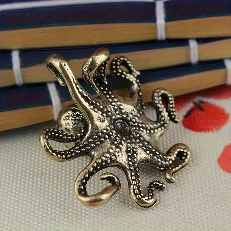 Vintage Octopus Desk Figurine, Brass-Tone Miniature Sea Life Sculpture for Bookshelves, Home Office and Tabletop Decor
