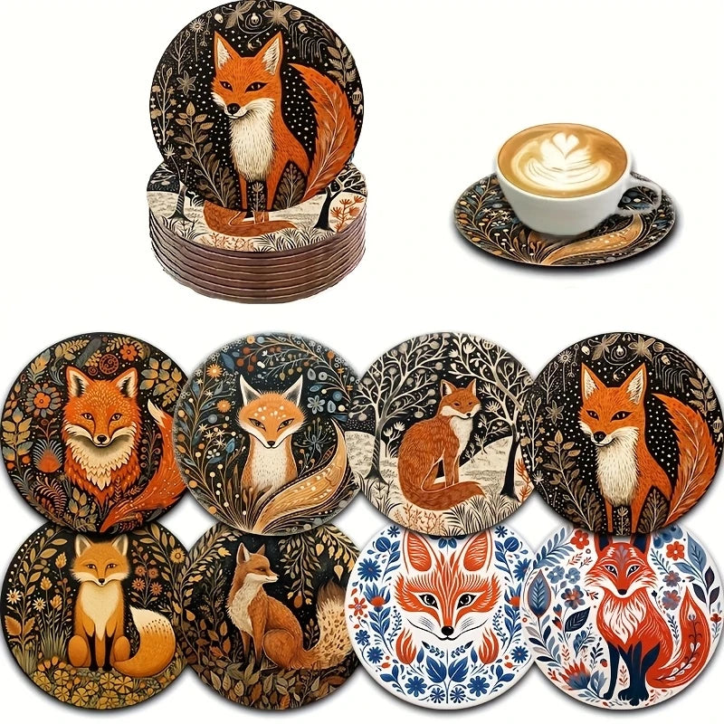 Colorful Fox Wooden Coaster Set of 8, 10 cm Printed Boho Drink Mats for Coffee Tables, Tea Cups and Playful Home Decor