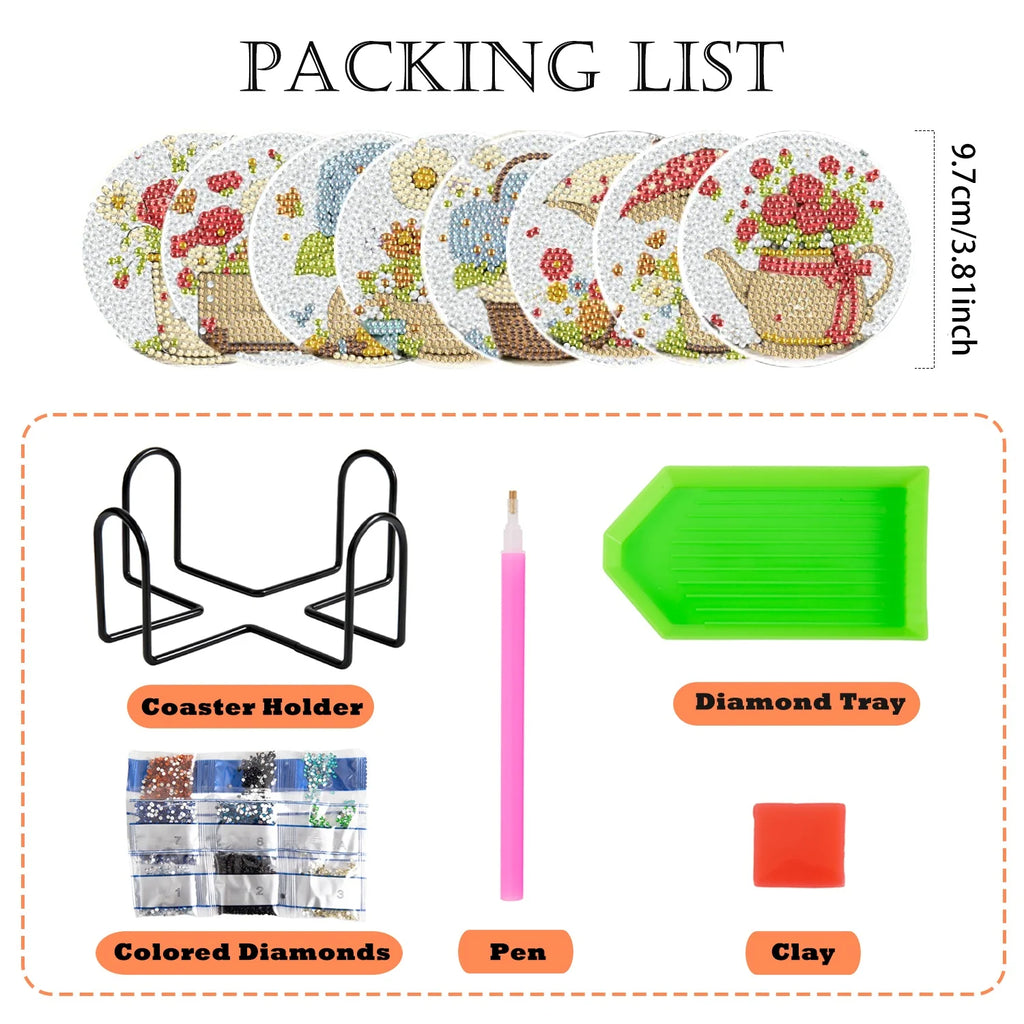 Flower Garden Diamond Painting Drink Coaster Set with Holder DIY Table Decor and Creative Gift