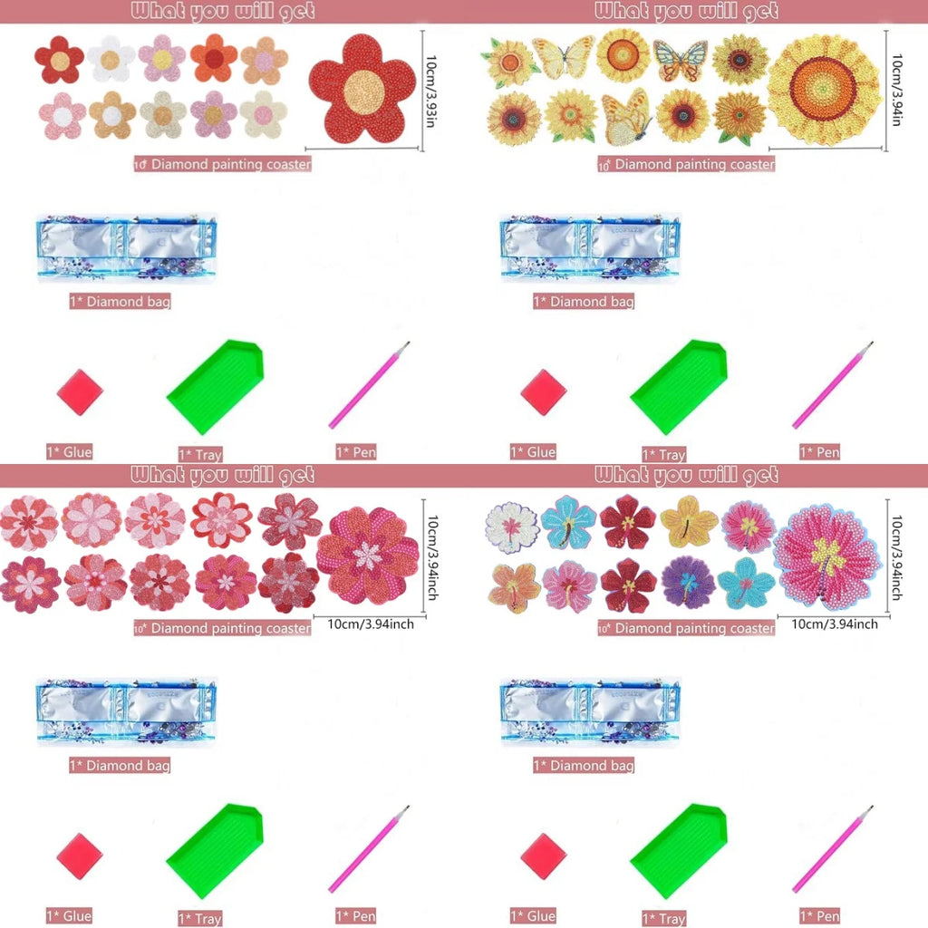 Floral Diamond Painting Coaster Craft Kit Set of 10 for Creative Table Decor and Gifts