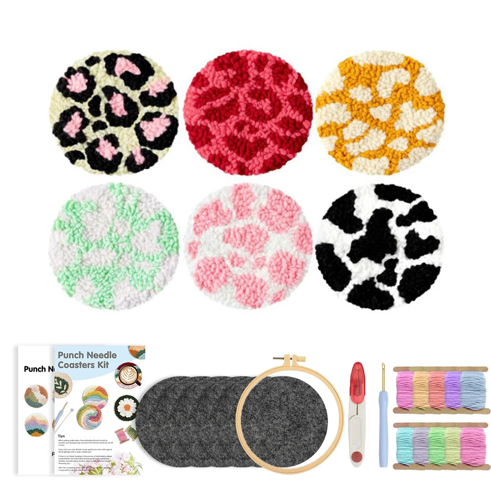 Flower Pattern Punch Needle Coaster Craft Kit for Beginners Tufted Mug Rugs and Creative Gifts