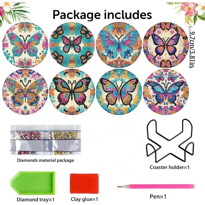 Butterfly Diamond Painting Coaster DIY Kit of 8 with Holder, 9.7 cm Sparkling Craft Drink Mats for Adults and Creative Gifts