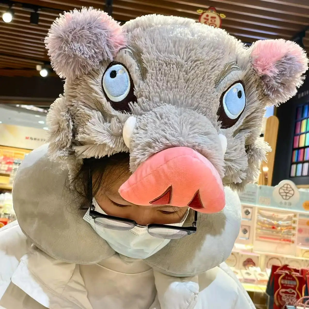 Cute Cartoon Demon Slayer Plush U-shaped Pillow Hashibira Inosuke Pig Head Hat Kawaii Cosplay Props Plush Hat Travel Neck Pillow