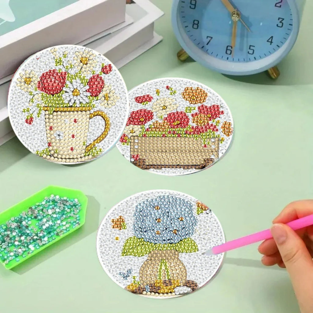 Flower Garden Diamond Painting Drink Coaster Set with Holder DIY Table Decor and Creative Gift