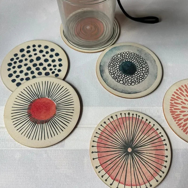 Circular Pattern Wooden Coaster Set of 6, Round Printed Drink Mats for Coffee Tables, Home Gatherings and Everyday Dining
