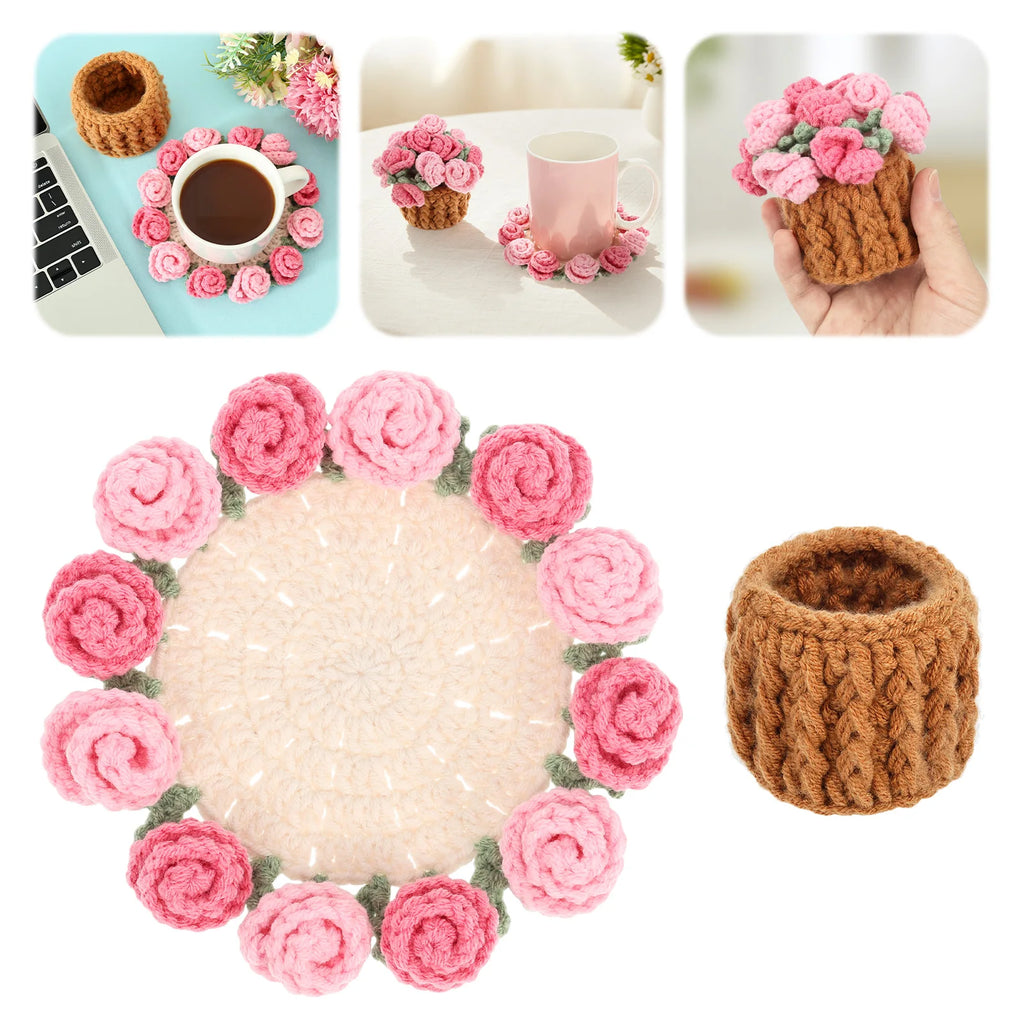 Crochet Rose Bouquet Drink Coasters for Coffee Tables Handmade Style Floral Home Decor