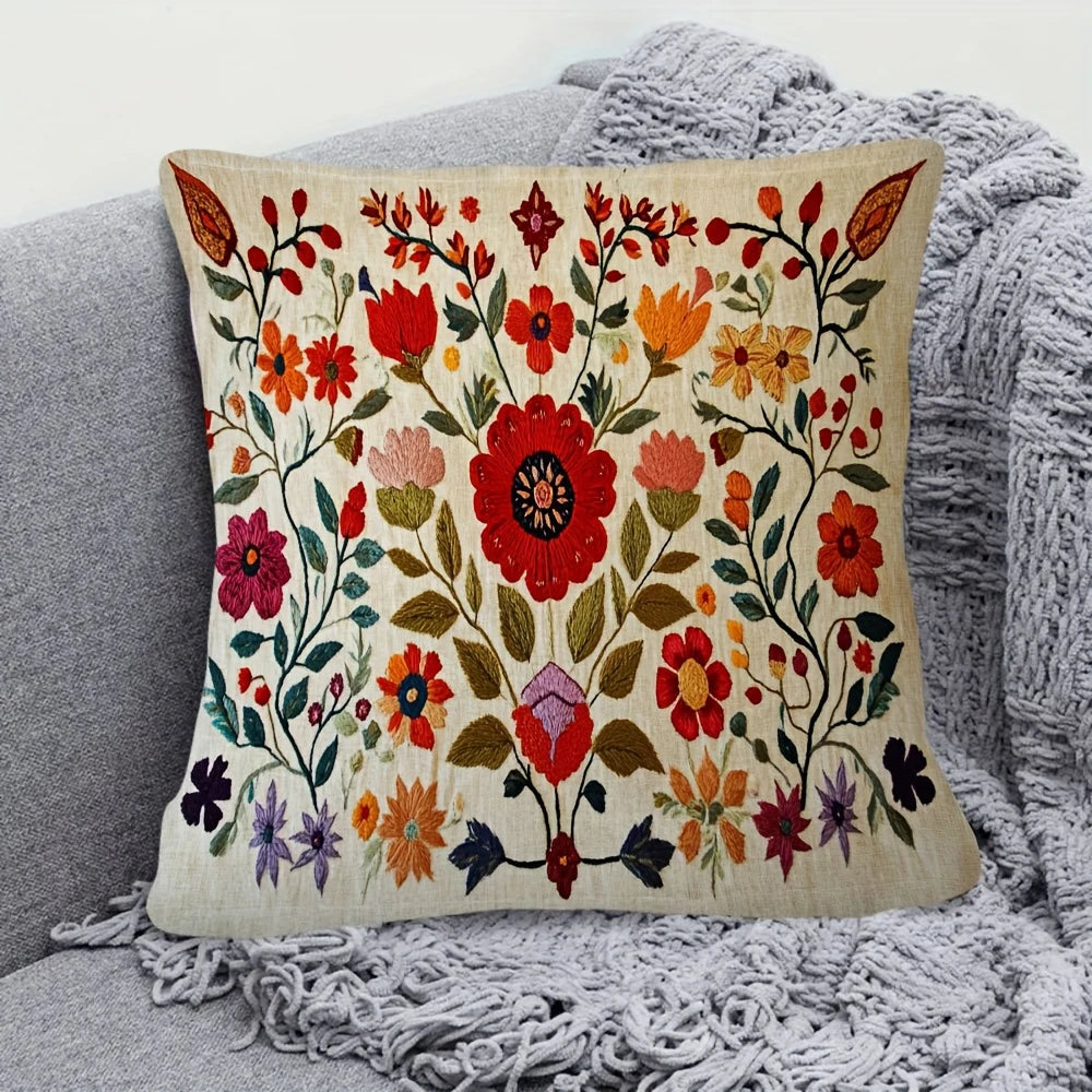 Botanical Stitch-Effect Printed Pillow Cover