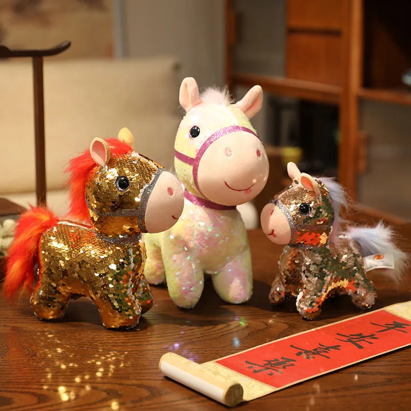 Sparkling Iridescent Glitter Horse Soft Plush Toy Calming Stress Relief Hug Pillow Cute Pendent Bag Home Decor Gift