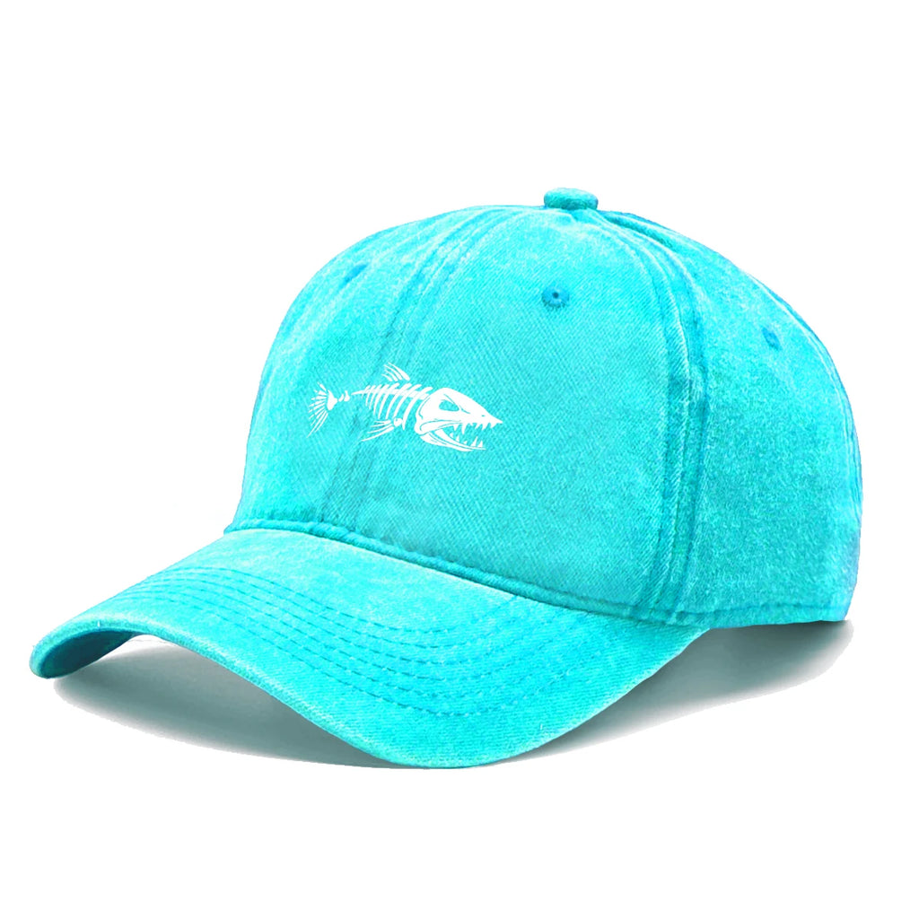Vintage Washed Fish Skeleton Baseball Cap | Distressed Unisex Snapback Trucker Hat