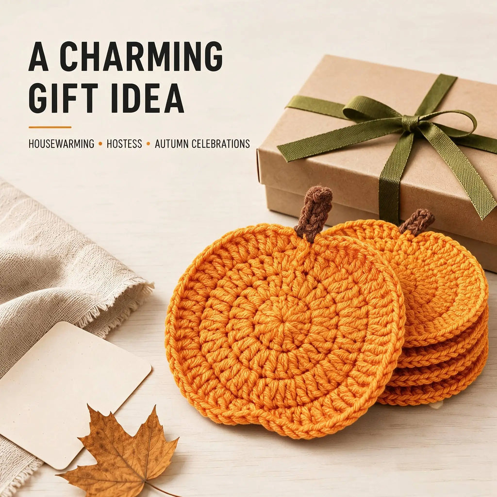 Hand-Knitted Pumpkin Drink Coasters, Set of 6 Autumn Cup Mats for Cozy Coffee Tables and Harvest Gatherings