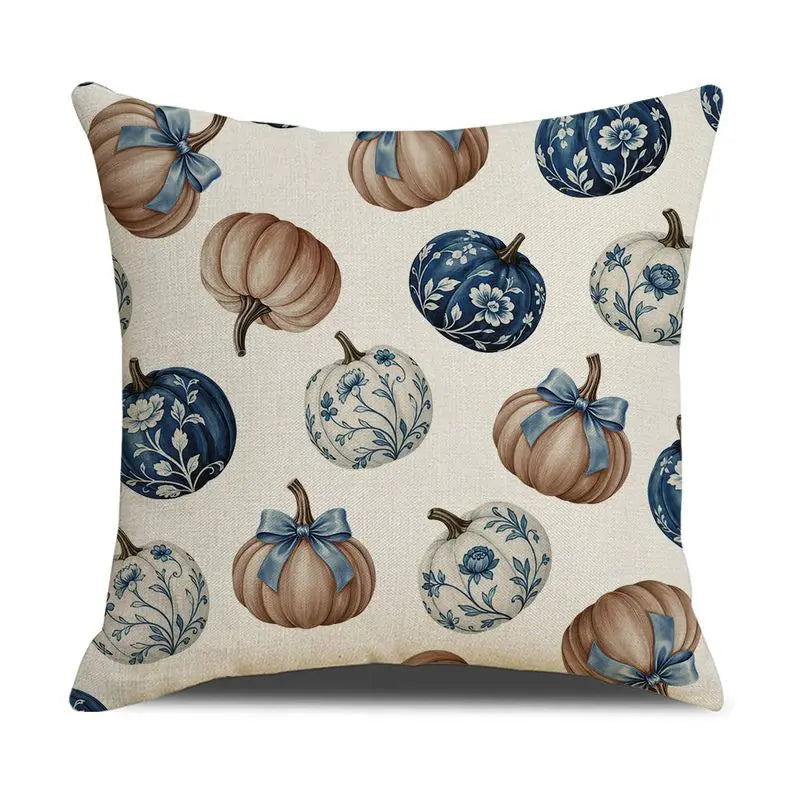 Blue Harvest Pumpkin & Bow Pillow Cover