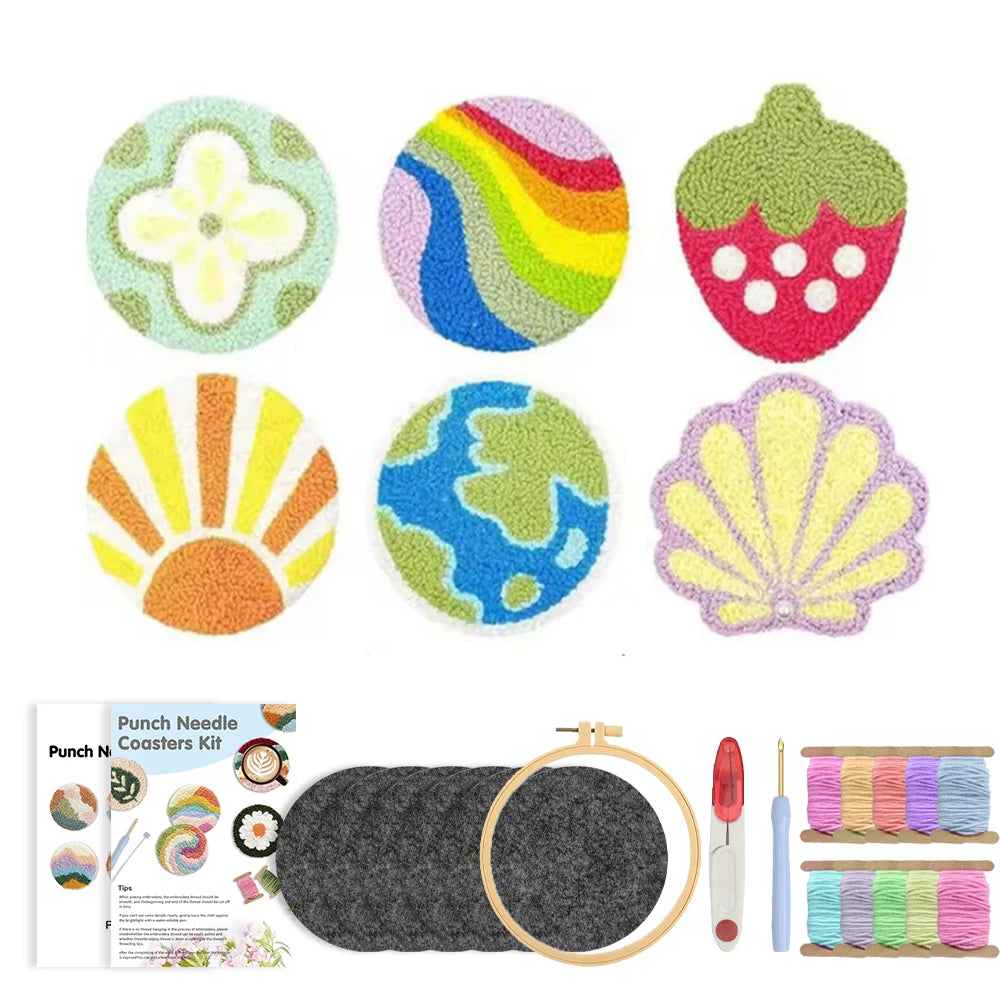 Flower Pattern Punch Needle Coaster Craft Kit for Beginners Tufted Mug Rugs and Creative Gifts