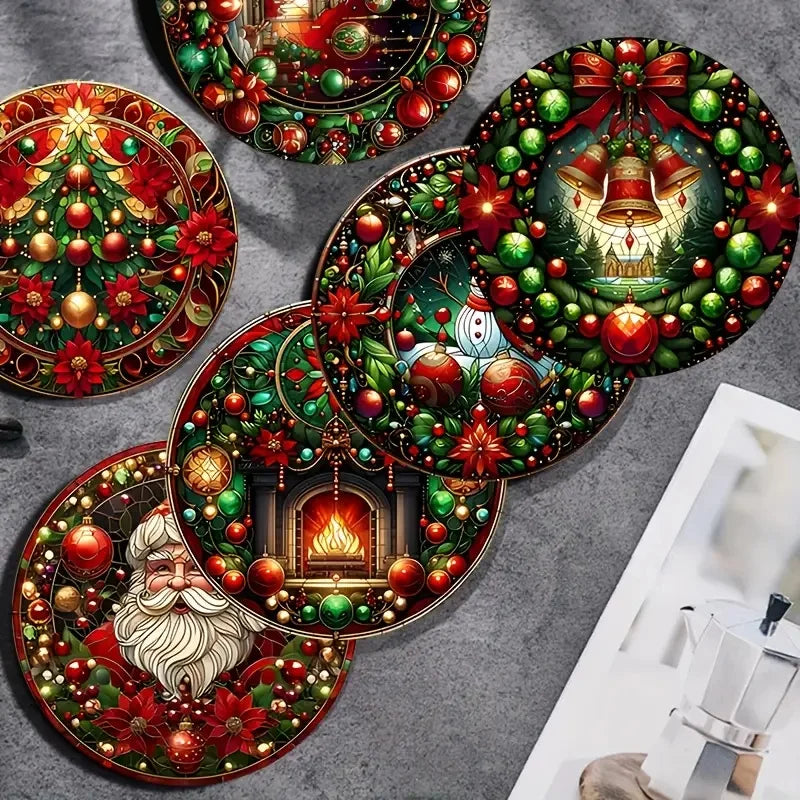 Christmas Pattern Wooden Coaster Set of 6, 10 cm Festive Drink Mats for Holiday Coffee Tables, Tea Cups and Home Gatherings