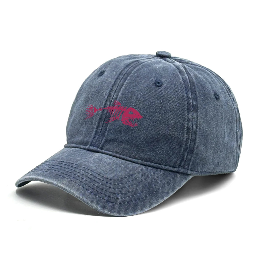 Vintage Washed Fish Skeleton Baseball Cap | Distressed Unisex Snapback Trucker Hat