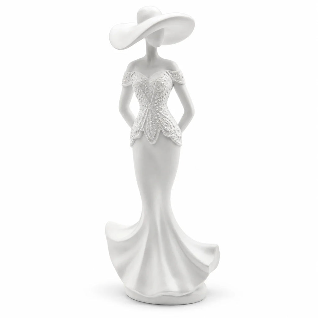 White Lady Resin Sculpture with Wide Brim Hat, Elegant Figurine for Desk, Shelf and Living Room Decor, Two Styles