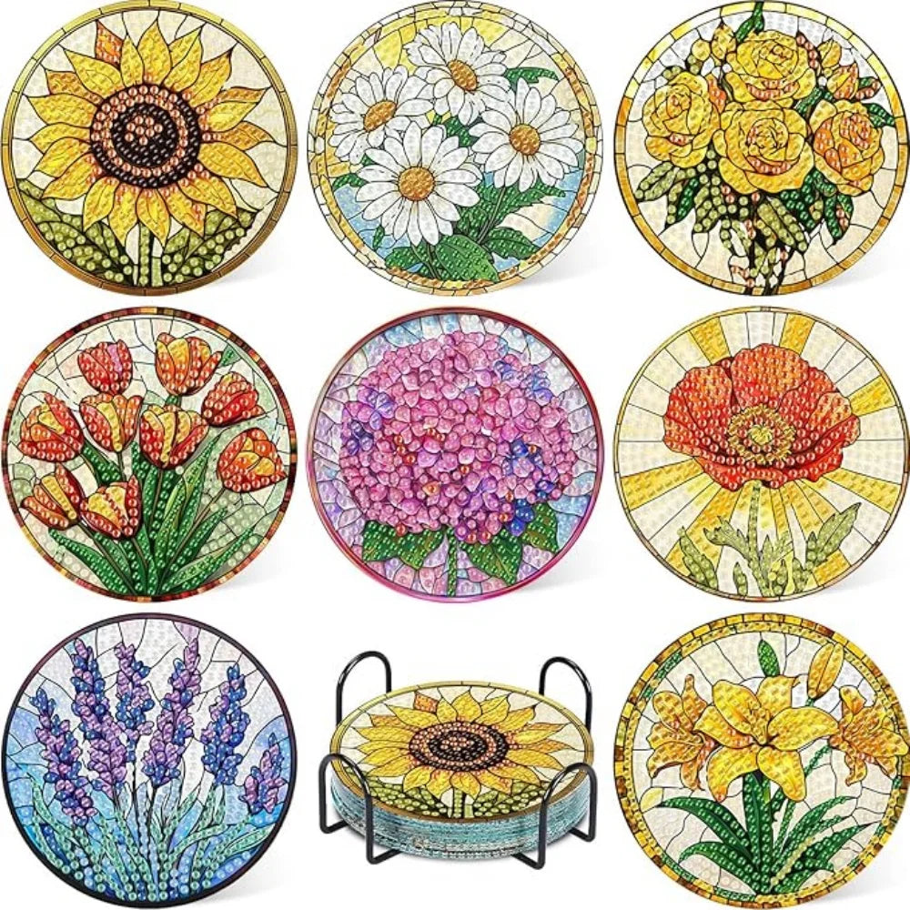 Floral Diamond Painting Coaster Set of 8 with Holder DIY Craft Kit for Creative Table Decor and Gifts