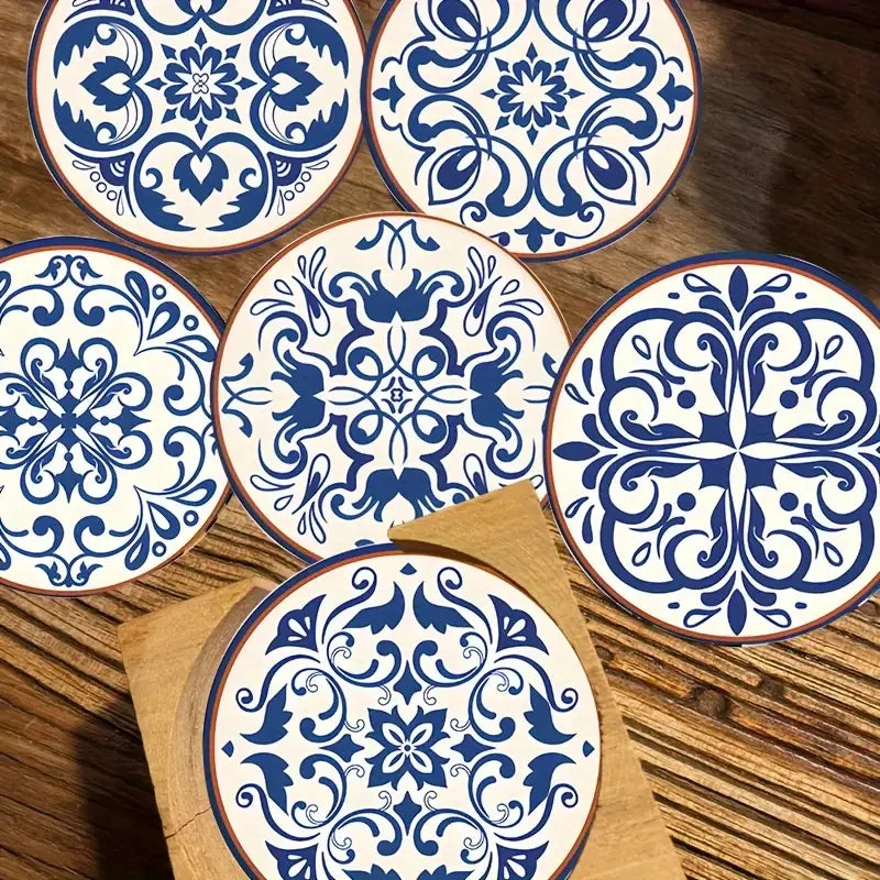 Mandala Flower Wooden Coaster Set of 6, 10 cm Decorative Drink Mats for Tea Cups, Coffee Tables and Colorful Home Gatherings