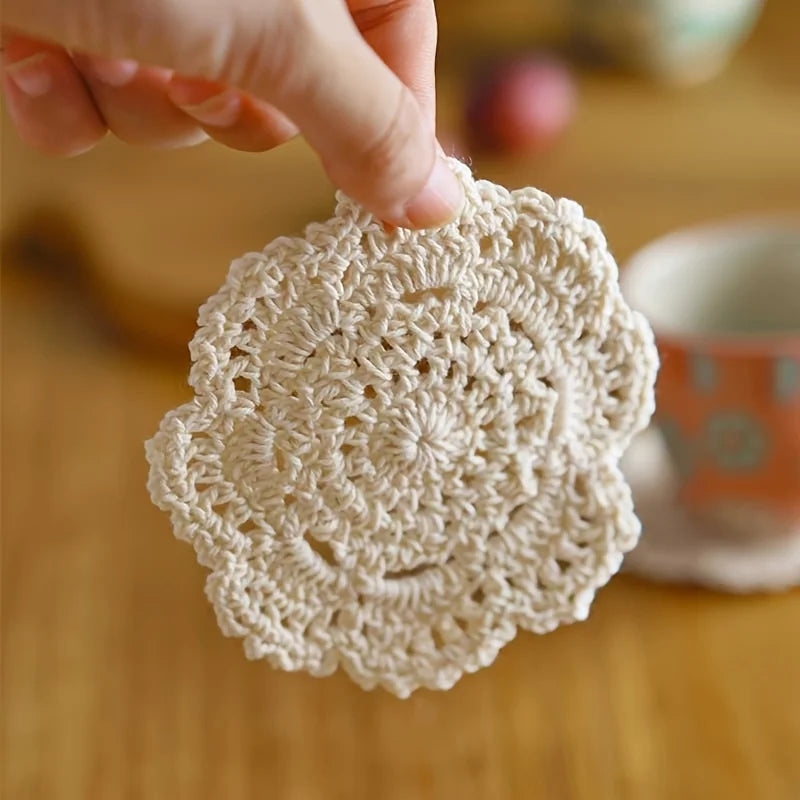 Vintage Floral Crochet Style Coaster Set of 5 for Coffee Tables Kitchen Decor and Housewarming Gifts