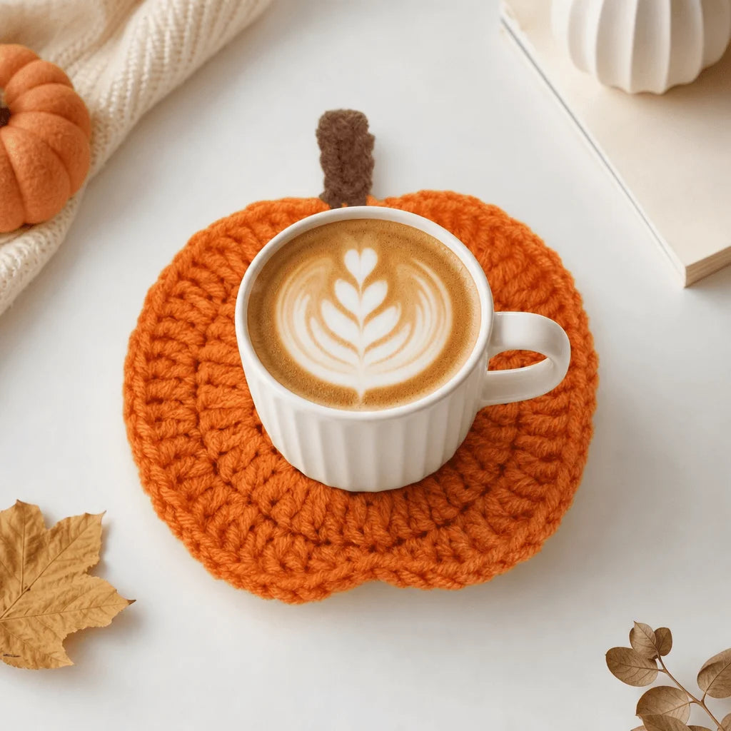 Hand-Knitted Pumpkin Drink Coasters, Set of 6 Autumn Cup Mats for Cozy Coffee Tables and Harvest Gatherings