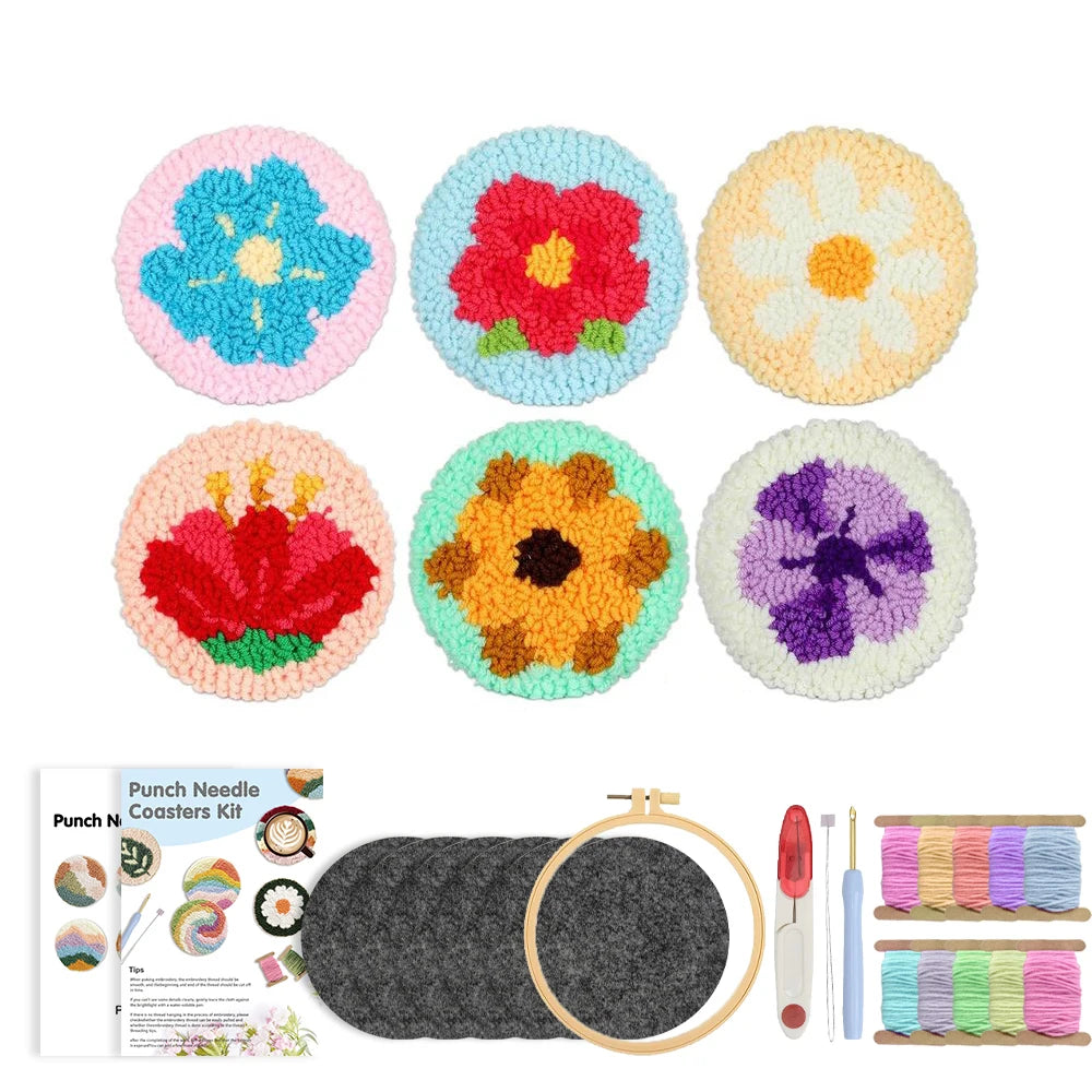 Flower Pattern Punch Needle Coaster Craft Kit for Beginners Tufted Mug Rugs and Creative Gifts