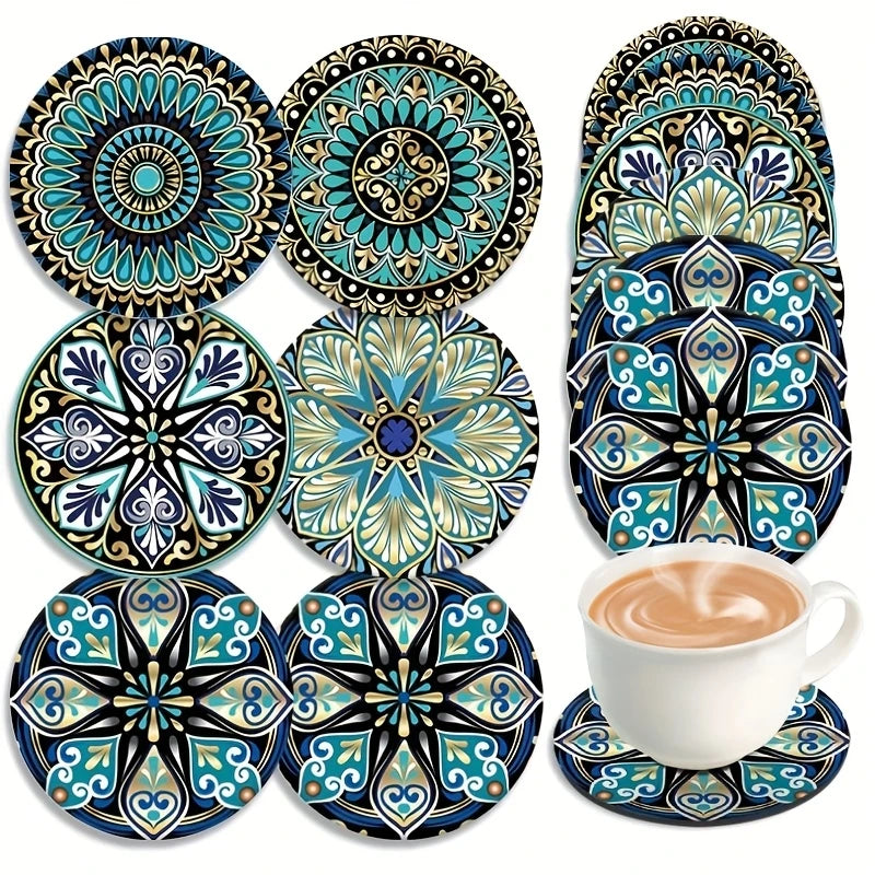 Mandala Flower Wooden Coaster Set of 6, Colorful Printed Drink Mats for Coffee Tables, Tea Cups and Cozy Home Decor