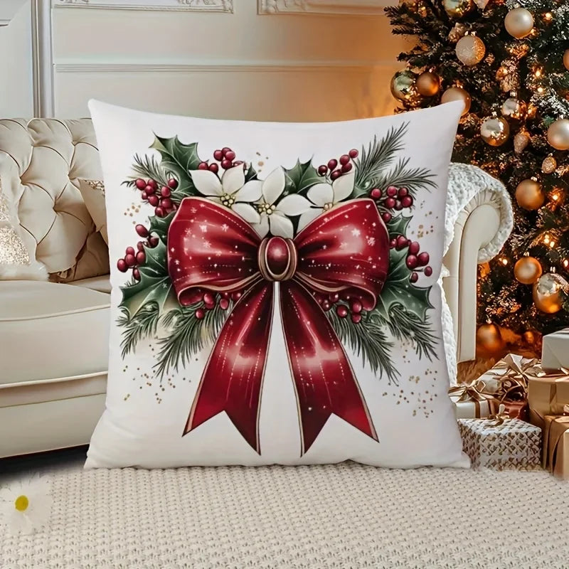 Christmas Wreath & Bow Pillow Cover – Double-Sided Holiday Sofa Cushion Case