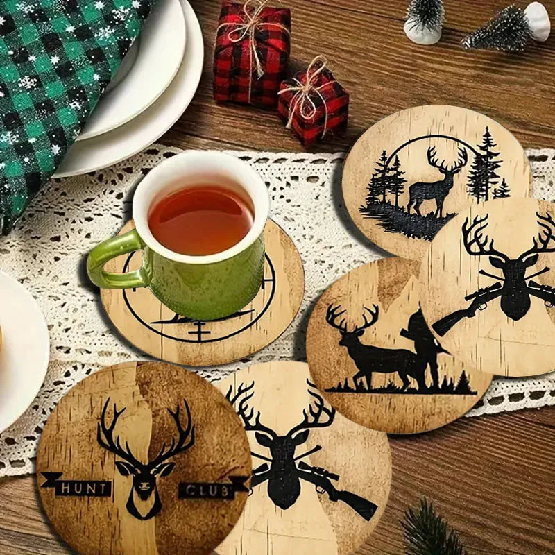 Deer Pattern Wooden Coaster Set of 6, Round Drink Cup Mats for Cozy Coffee Tables, Winter Hosting and Everyday Dining