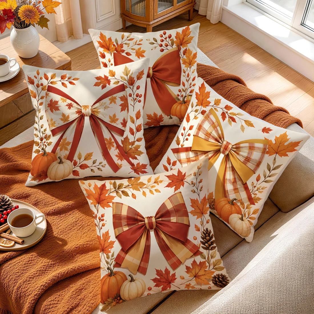Autumn Ribbon Bow Printed Pillow Covers – 45 × 45 cm