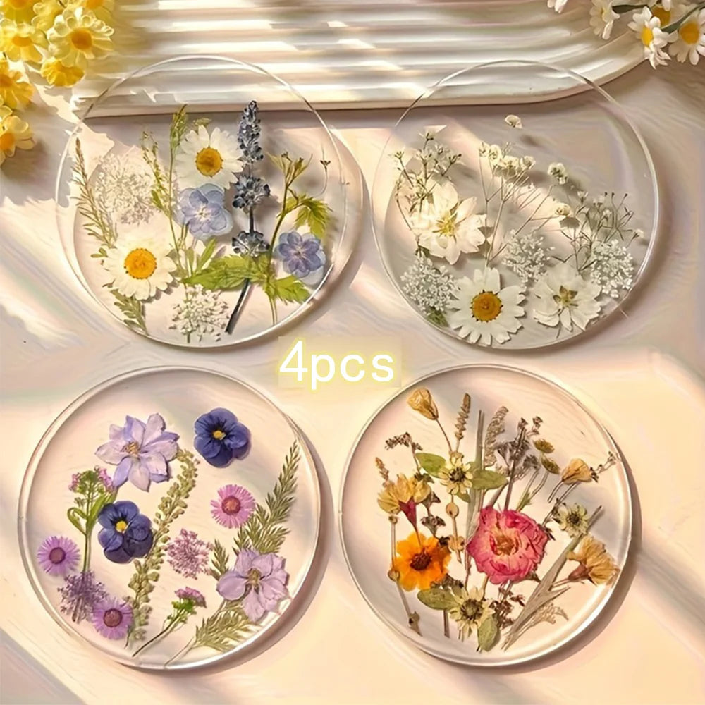 Clear Floral Acrylic Drink Coaster Set for Coffee Tables Wedding Decor and Everyday Entertaining